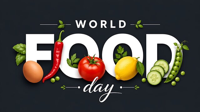 World Food Day bold 3D typography background with integrated fresh vegetables and egg