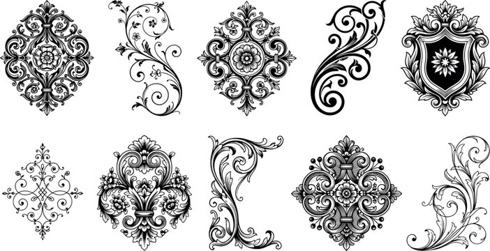 Set of vintage baroque floral ornaments and decorative design elements isolated on white background