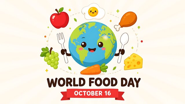 World Food Day cute cartoon earth character holding fork and spoon surrounded by food icons
