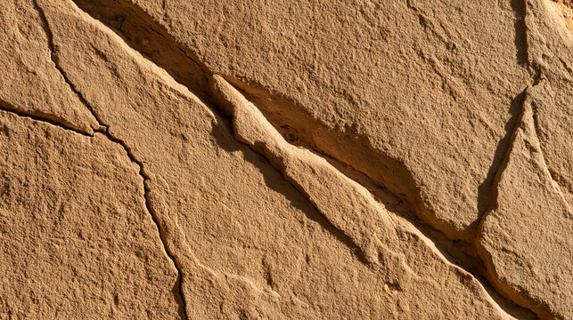 Deep cracks split dry sandy earth under bright sunlight. Ideal background for themes of drought, geology, or climate change.