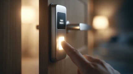Naklejka premium Close-up of a finger pressing a glowing button on a modern electronic door lock mounted on a wooden door, with warm interior lighting in the background.