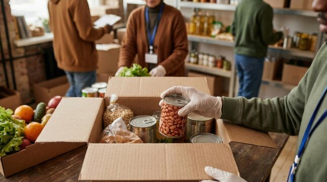 Food Assistance: Volunteers packing essential food boxes for local families 