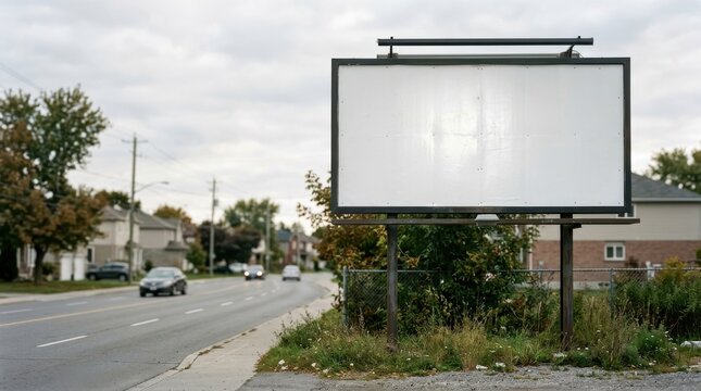 Blank Advertising Space: Completely empty billboard positioned beside a suburban roadside 