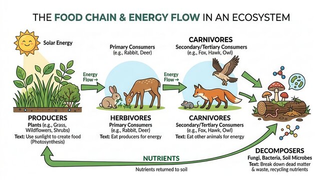 Illustration of the food chain and energy flow in an ecosystem, depicting producers, herbivores, carnivores, and decomposers with visual elements like plants and animals