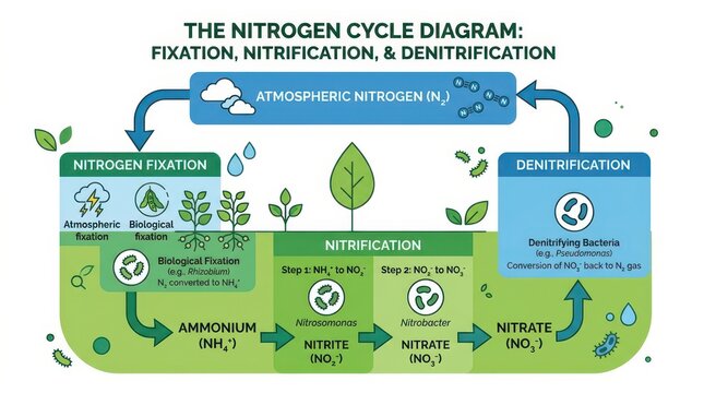 Nitrogen cycle diagram illustrating fixation, nitrification, and denitrification processes with labeled components and visual representations of bacteria and chemical transformations