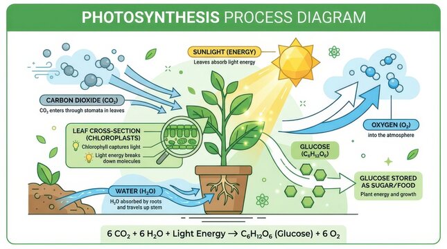 Photosynthesis process diagram illustrating sunlight absorption, carbon dioxide intake, and glucose production in plants with labeled components and arrows indicating energy flow