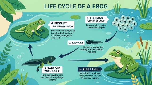 Illustrated life cycle of a frog showing stages from egg mass to adult frog, with detailed depictions of each developmental phase in a natural aquatic setting