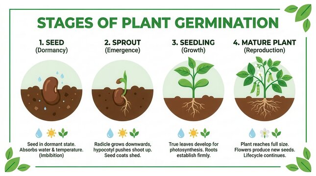 Stages of plant germination illustrated with clear visuals showing seed, sprout, seedling, and mature plant in a colorful and educational infographic format