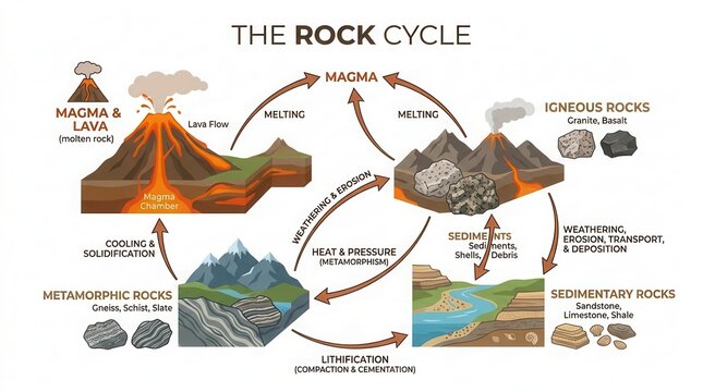 Illustrated diagram of the rock cycle showing processes of magma, igneous rocks, sedimentary rocks, and metamorphic rocks with arrows indicating transitions and transformations