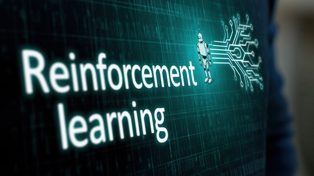 Digital screen displaying reinforcement learning text with robot icon and circuit patterns on blue background