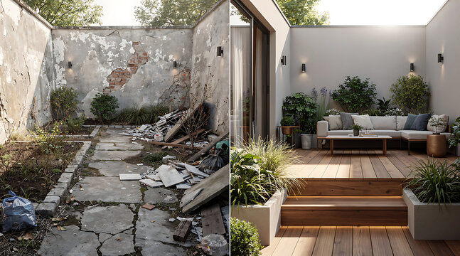 Transforming a neglected outdoor space into a modern, cozy rooftop garden retreat with stylish seating and lush greenery