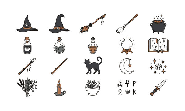 Witchcraft Witch Magic Elements Line Art Icons Set Broom Potion Crystal Ball Vector Illustration