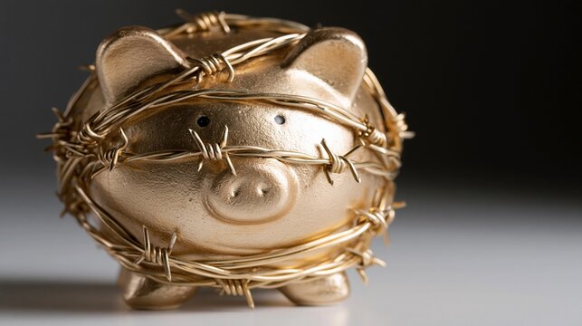 Golden piggy bank tightly wrapped in barbed wire against dark gradient background symbolizing financial constraints