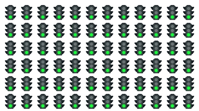 A grid pattern of numerous identical green traffic lights, indicating go or clear.