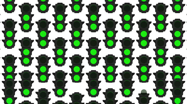 A repeating pattern of numerous green traffic lights on a white background, symbolizing progress or permission to proceed.