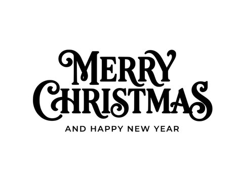 Vintage Merry Christmas typography, elegant Happy New Year lettering, black holiday greeting vector for seasonal cards and posters