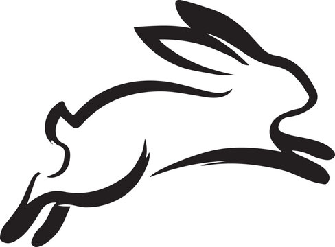 Leaping rabbit vector icon, minimalist animal silhouette, black and white bunny logo, cruelty-free symbol, jumping hare illustration for ethical branding and product packaging