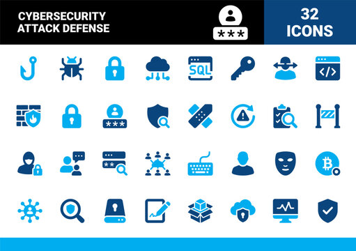 Cybersecurity Attack Defense Fill icon set. Phishing Scam, Malware Bug, SQL Injection, Firewall Protection, Hacker Mask, Data Encryption
