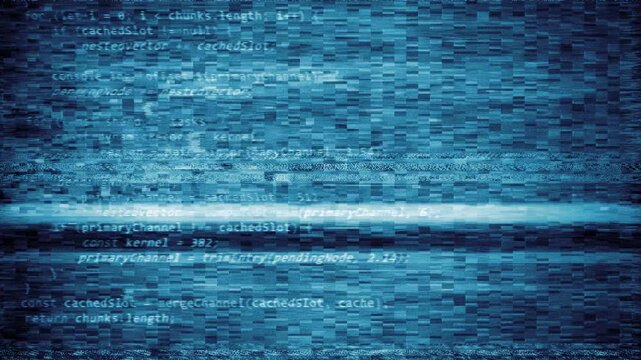 Corrupted source code on a blue CRT screen with datamoshing and RGB channel split. Abstract glitch background of distorted programming text, scan lines and digital signal noise for overlay