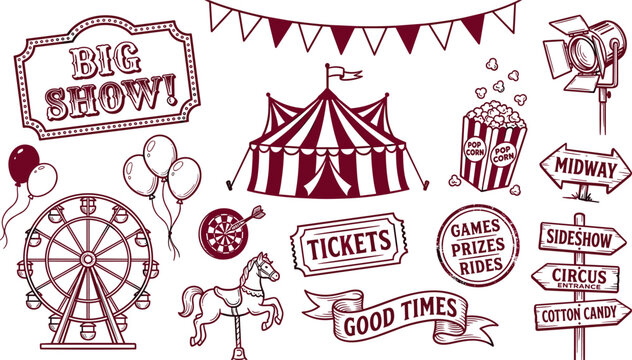 Hand drawn vintage red line art circus and carnival amusement park doodle sketch set featuring big top tent ferris wheel and carousel horse