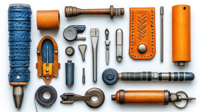 Vintage Craft Tools Collection: Leather Pouch, Awl, Needle, Thread Spool, Stylus, and More - Flat Lay