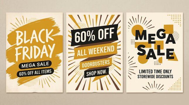 Black friday black friday mega sale and 60% off promotional posters set