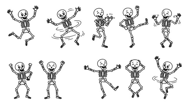 Collection of happy cartoon skeletons dancing and celebrating halloween