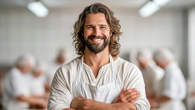 Jesus Christ with Workers in Bright Food Processing Plant