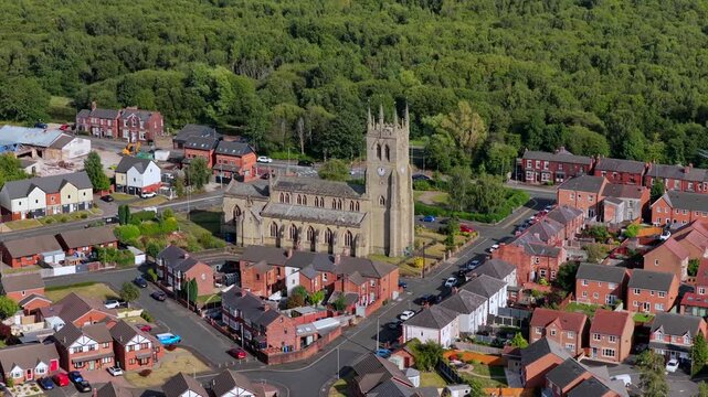 Aerial Video of Church of St James and Westwood Woods in Wigan