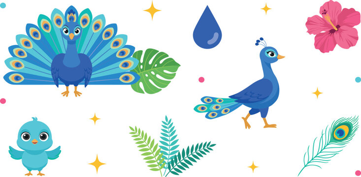 Cute Cartoon Peacock Character Vector Illustration Set with Various Poses Feathers Hibiscus Flower and Tropical Palm Leaves for Kids Zoo Designs