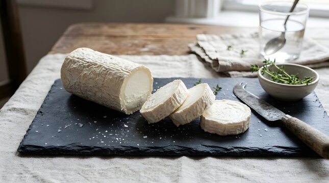 Fresh goat cheese log sliced on a dark slate board with herbs