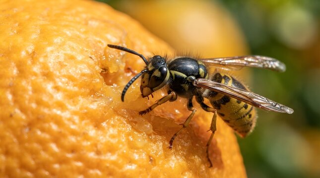 Macro shot of a wasp on an orange peel, close-up of a yellow jacket insect feeding on citrus fruit, detailed wildlife photography