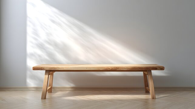 Empty minimalist wooden bench in bright room with soft sunlight wall shadow for product display mockup stage.