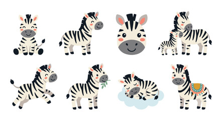 Naklejka premium Set of cute cartoon zebra characters in various poses and expressions for children design Vector