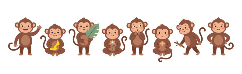 Fototapeta premium Set of cute cartoon monkeys in various poses and actions for children illustration design Vector