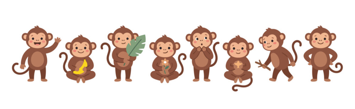 Set of cute cartoon monkeys in various poses and actions for children illustration design Vector
