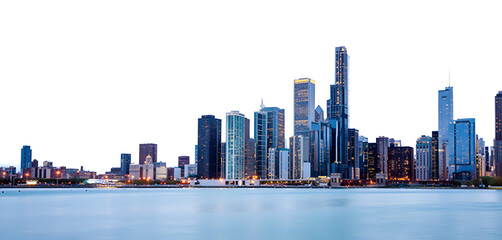 Naklejka premium Chicago skyline along Lake Michigan at dusk. Modern cityscape with skyscrapers. Blue hour urban photography with copy space. City lights and waterfront architecture.