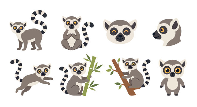 Set of cute lemur characters in various poses and expressions for children illustration Vector