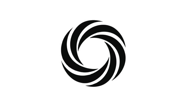 Circular vortex symbol displaying a black pinwheel swirl motif isolated on a bright white background for visual media branding.