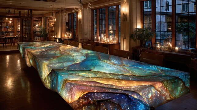 Illuminated dining room, long table with galaxy design, candles, library in background, moody, inviting