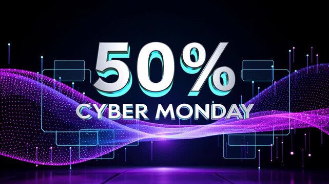 50 Percent Cyber Monday Sale With Futuristic Neon Digital Waves