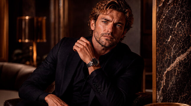 Confident handsome man in an elegant black suit seated in a luxurious dark interior, wearing a sophisticated wristwatch and posing with a serious expression under warm cinematic lighting. Premium fash