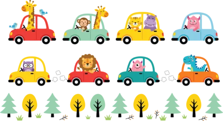 Fotobehang Auto Cute cartoon animals driving cars vector set, 8 colorful nursery transport illustrations, safari animals in vehicles for kids design  © Angel