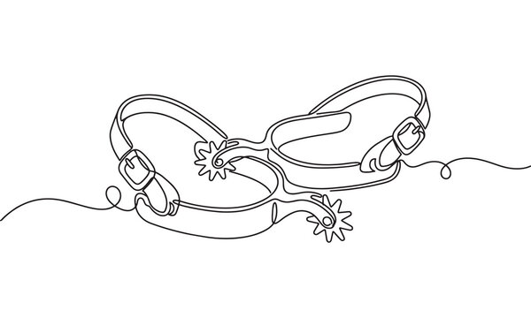 Continuous single line of a pair of western cowboy spurs with rowels and leather straps for horse riding equipment isolated on a white background, in a minimalist style