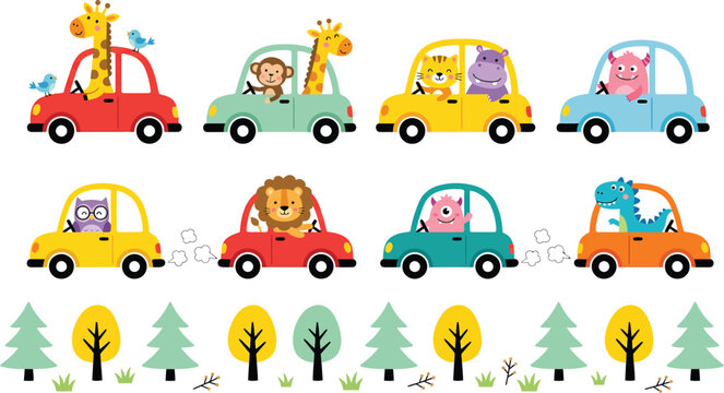 Cute cartoon animals driving cars vector set, 8 colorful nursery transport illustrations, safari animals in vehicles for kids design