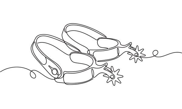 Continuous single line of a pair of western cowboy spurs with star-shaped rowels and leather straps for horse riding equipment isolated on a white background, in a minimalist style