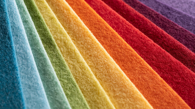Colorful felt fabric swatches arranged in a rainbow spectrum, soft texture. Ideal for crafting, design, or interior decorating concepts.