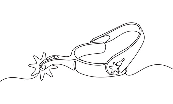 Continuous single line of a single western cowboy spur with a star-shaped rowel and leather strap for horse riding equipment isolated on a white background, in a minimalist style