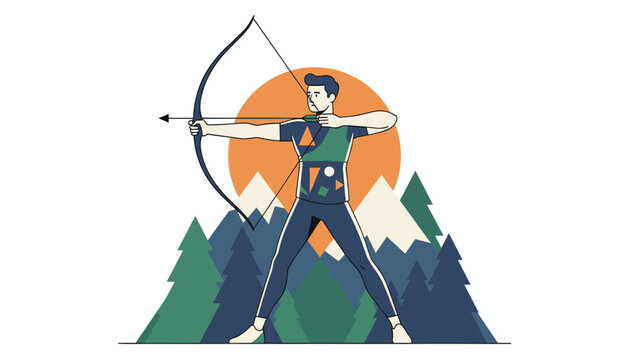 Athletic male archer aiming a bow and arrow in a pine forest with mountains and a large sun in the background.