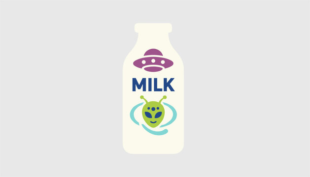 Whimsical milk bottle illustration featuring a purple spaceship and a cute green alien face on a light grey background.